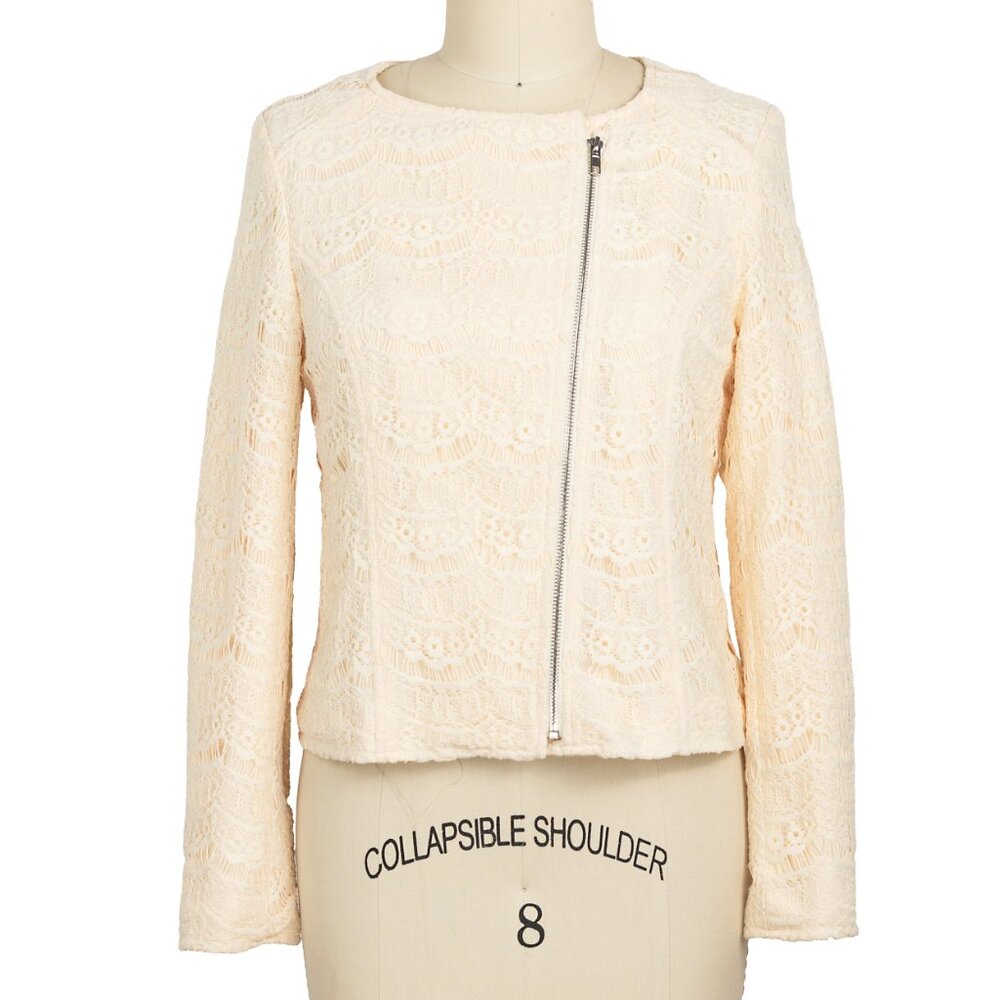 Forever 21 Cream Ivory Lace Moto-Style Zip Jacket Medium